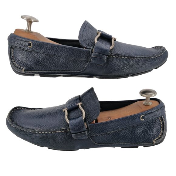 Salvatore Ferragamo Mens 9.5 Navy Blue Leather Driving Loafers Dress Shoes Italy - Picture 8 of 13